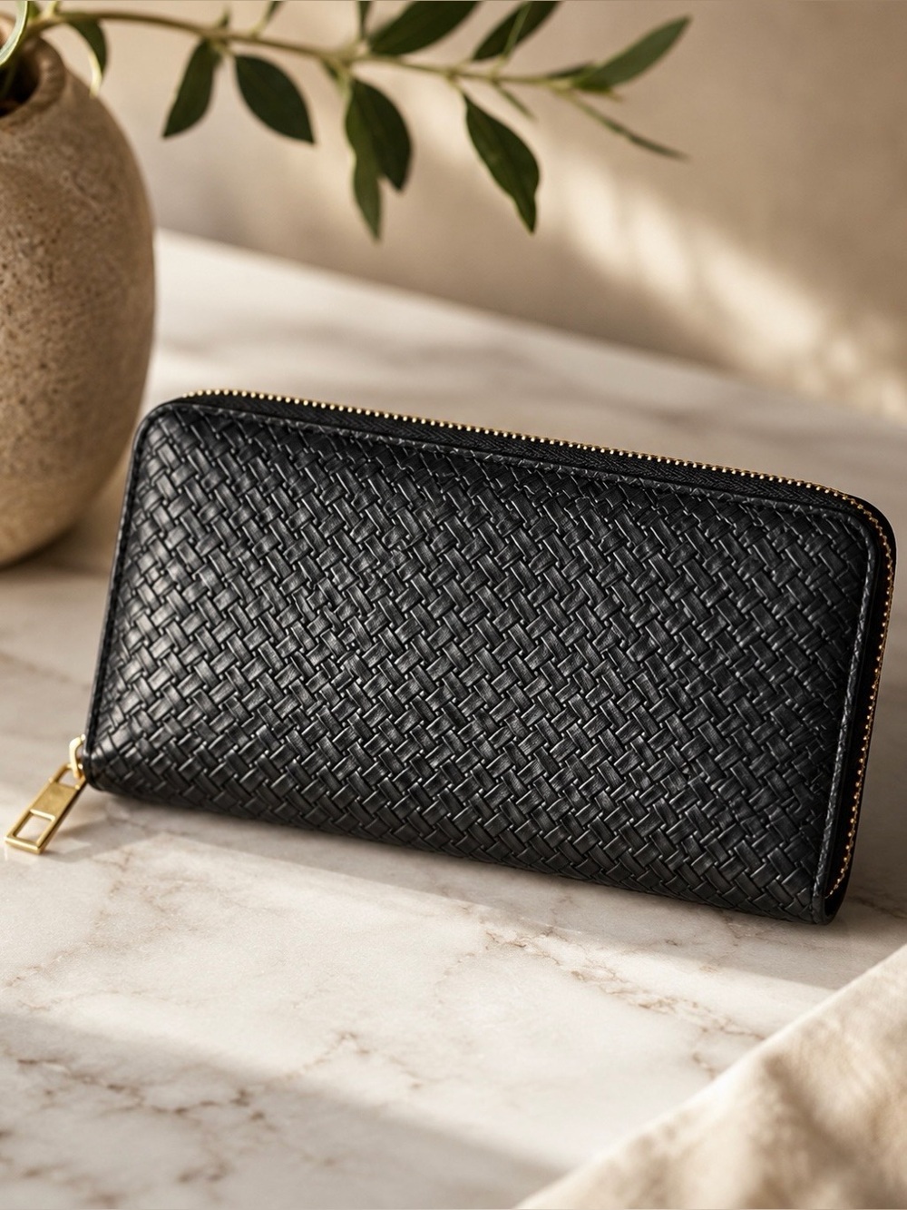 Black Vegan Leather Crosshatch / Woven Texture Embossed Zip Top Accordion Wallet